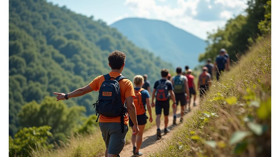 Isang pangkat ng mga hiker na nagmamartsa sa isang bundok na may gabay, nagpapakita ng kaligtasan.