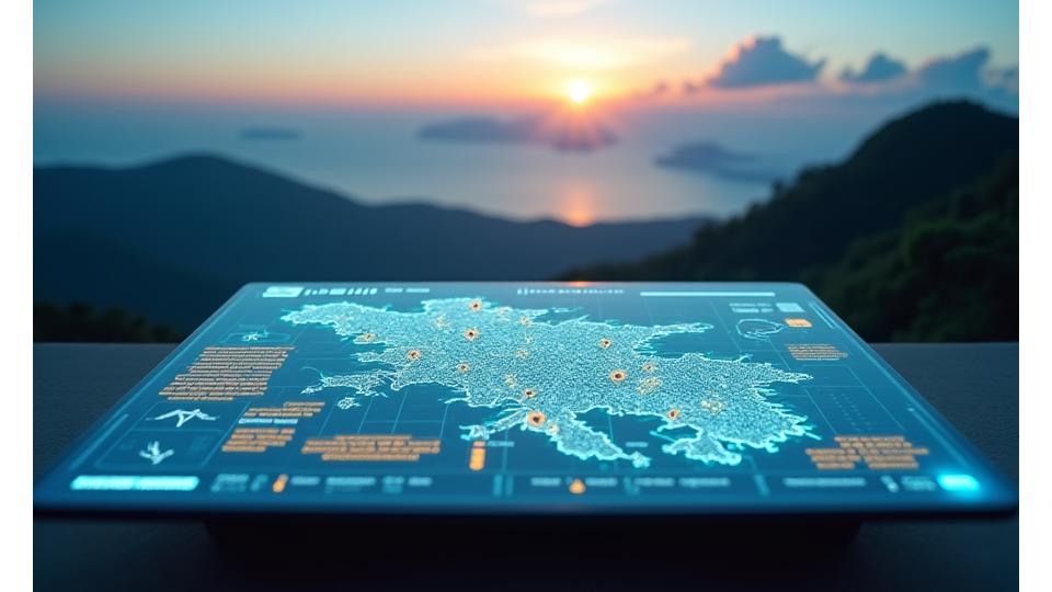 Isang futuristic na tanawin ng isang digital interface na nagpapakita ng mapa ng adventure trails sa Cebu na may overlays ng data.