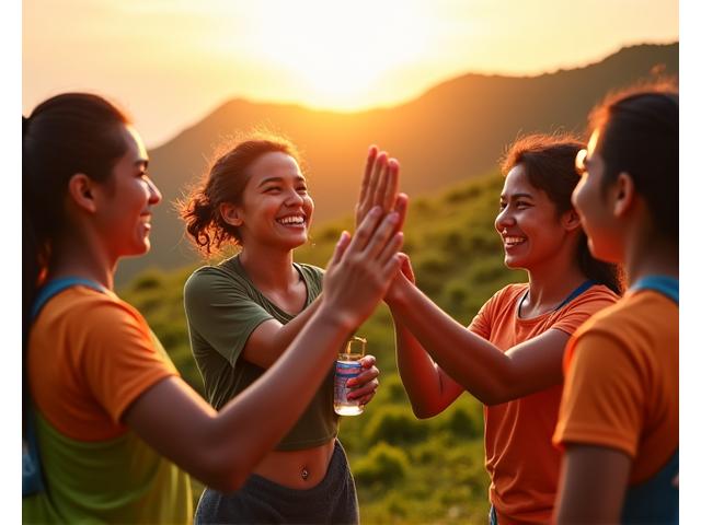 Mga magkakasamang kaibigan na nagdiriwang ng fitness milestone sa labas