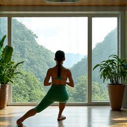 Tao na nag-eensayo sa modernong indoor gym setting with large windows showing nature outside and tropical plants nearby