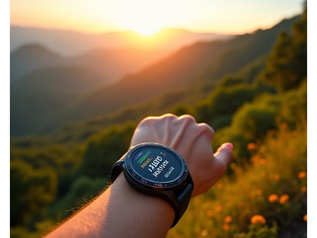 Isang smartwatch na nagpapakita ng data sa pag-eehersisyo na may tanawin ng bundok sa background, sumisimbolo sa digital fitness na nakakatugon sa outdoor adventure.