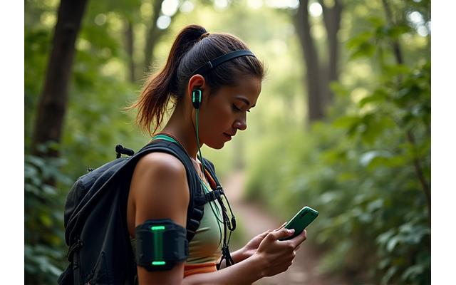 Isang adventure athlete na nakikinig sa personalized na audio coaching habang naglalakad sa isang trail na napapalibutan ng luntiang kagubatan.
