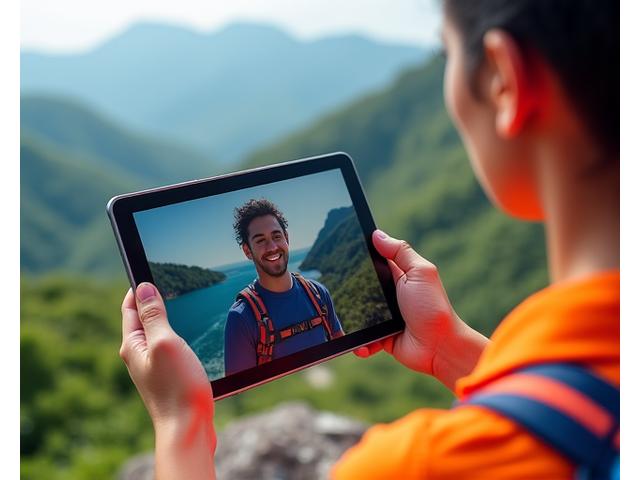 Isang adventure athlete na nakikipag-ugnayan sa isang virtual coach sa isang tablet device na may dynamic na background ng Cebu outdoors.