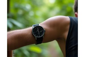 Isang close-up ng kamay na nagtatapon ng isang fitness tracker sa pulso habang tumatakbo sa gubat.