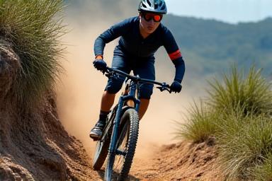 Professional mountain biker descending a very steep, rocky, and technical singletrack trail, exhibiting high skill and adrenaline, for advanced riders.