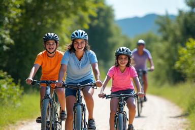 Family with young children cycling on a flat, paved trail in a scenic park, smiling and enjoying the ride, indicative of a beginner-friendly route.