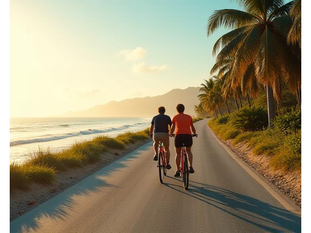 Cyclists riding along a coastal road in Cebu, with the ocean on one side and palm trees on the other, bathed in golden hour light.