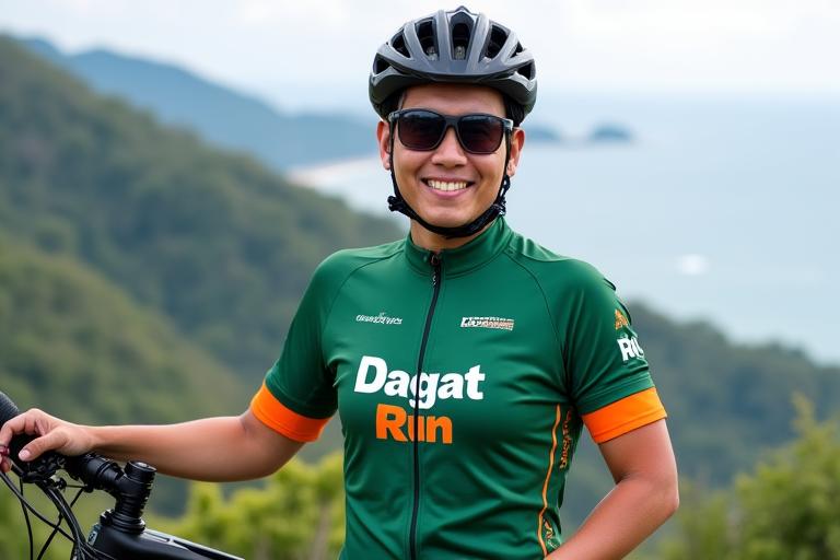 Smiling Filipino cycling guide in a professional Dagat Run uniform, standing beside an e-bike with a scenic Cebu landscape in the background, exuding confidence and approachability.