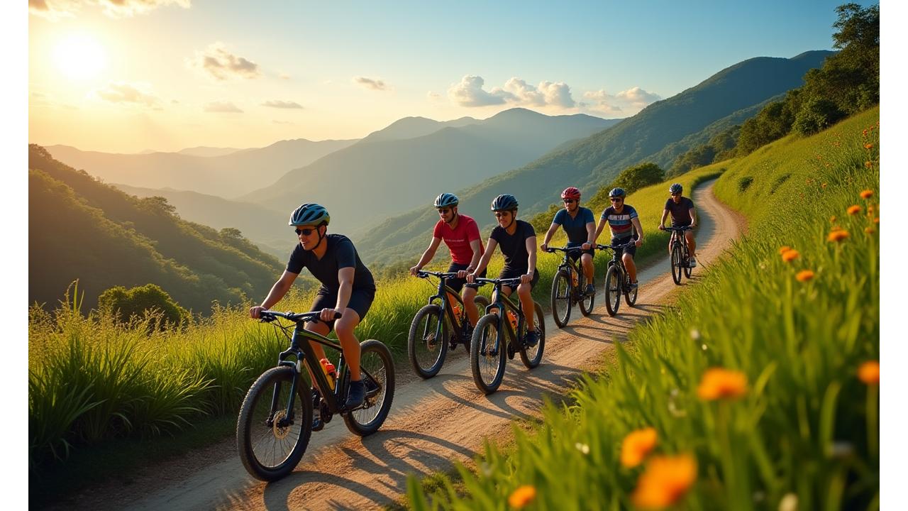 Group of cyclists riding e-bikes on a scenic mountain trail in Cebu with lush green mountains and a clear sky in the background, showing diverse terrains.
