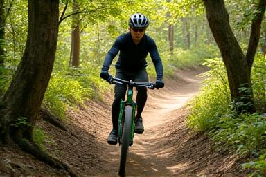 Adult cyclist navigating a moderately challenging dirt winding path through a forest, demonstrating steady control and focus, representing intermediate skill level.