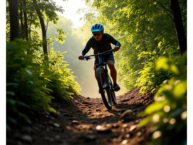 Mountain biker navigating a rocky and challenging uphill trail in a lush green forest in Cebu, with focus on determination and rugged terrain.