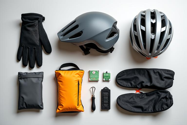 Arrangement of high-quality cycling safety gear, including helmets, gloves, reflective vests, and a well-maintained e-bike, laid out neatly against a clean background, conveying professionalism and safety.