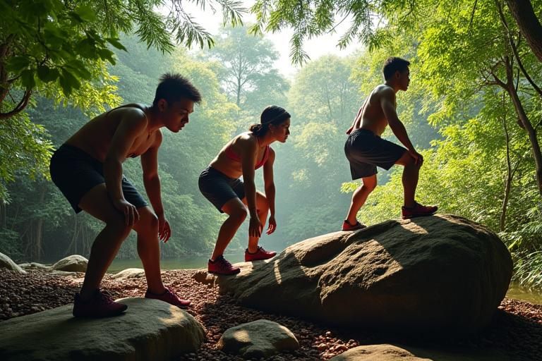 Grupo ng mga tao na nagsasagawa ng bodyweight exercises gamit ang mga bato at troso sa isang likas na setting ng kagubatan.
