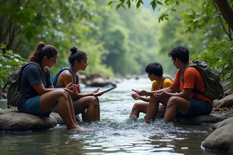 Isang grupo ng mga adventurer na nakaupo at nakikinig sa isang lektura tungkol sa epekto ng klima sa gilid ng ilog.