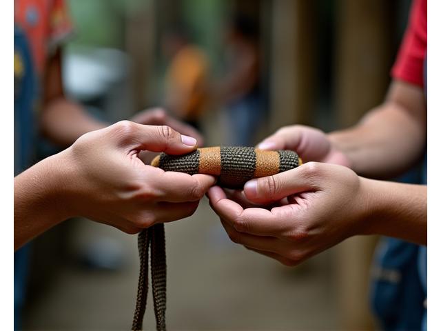 Mga kamay na nagpapalitan ng lokal na gawa na hiking gear, na nagpapakita ng isang lokal na ekonomiya