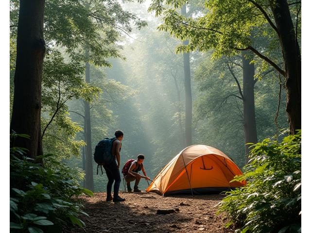 Campers na nagtatayo ng tent sa gitna ng kagubatan, sumusunod sa Leave No Trace principles, na iniiwan ang lugar na walang bakas.