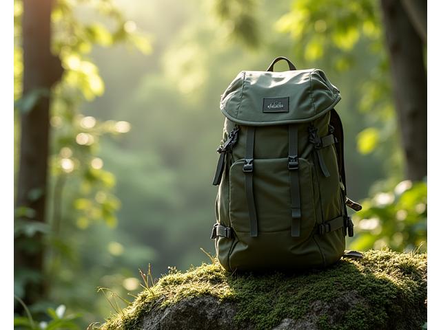Isang backpack na gawa sa recycled na materyales na inilagay sa isang natural na kapaligiran