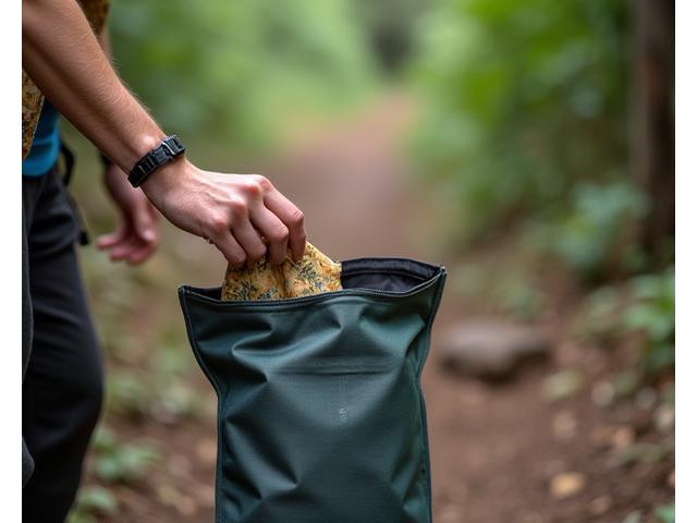 Isang adventure enthusiast na naglalagay ng recyclable na basura sa isang reusable bag habang nasa trail, nagpapakita ng waste reduction.
