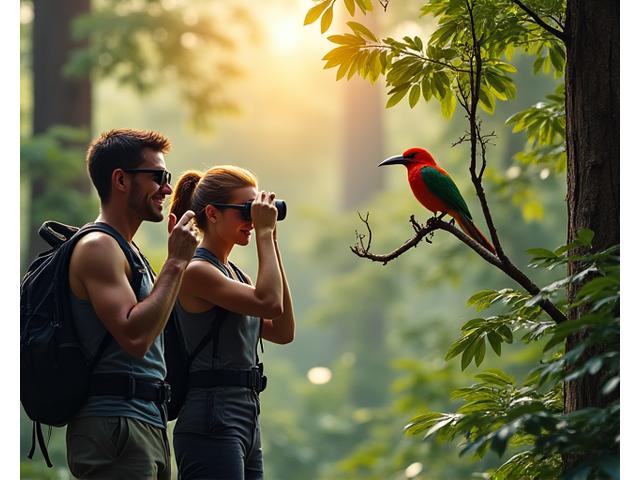Mga hiker na tahimik na nagmamasid sa ibon sa puno, pinapanatili ang distansya upang hindi maistorbo ang wildlife.