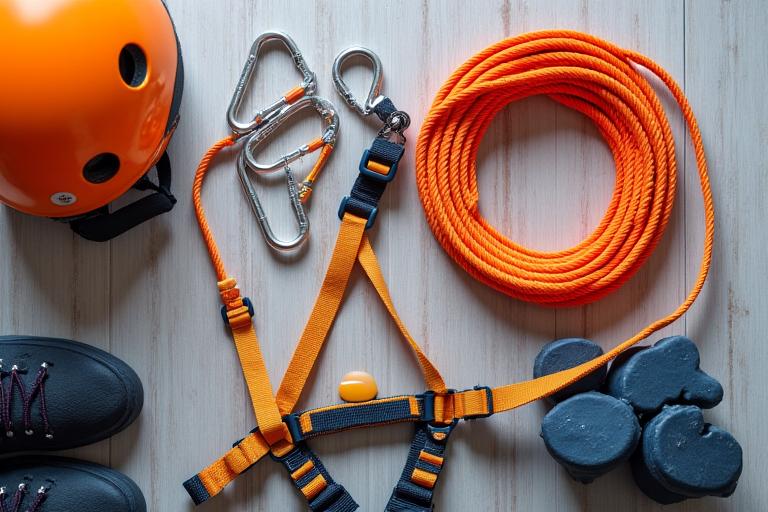 Lay out of climbing ropes, carabiners, and helmets