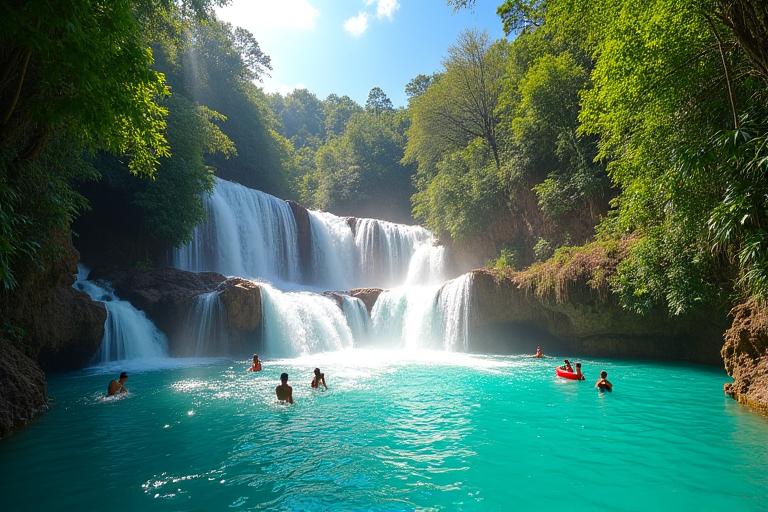 Canyoneers jumping into the blue waters of Kawasan Falls
