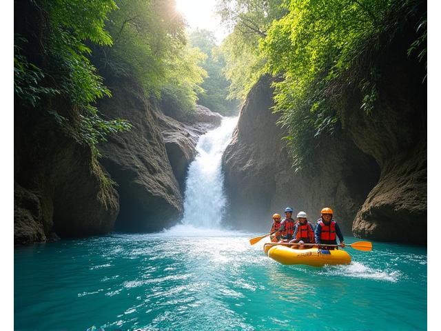 Group rappelling down a waterfall during canyoning in Cebu
