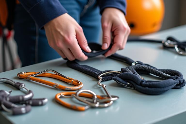 Instructor demonstrating safety harness and climbing gear