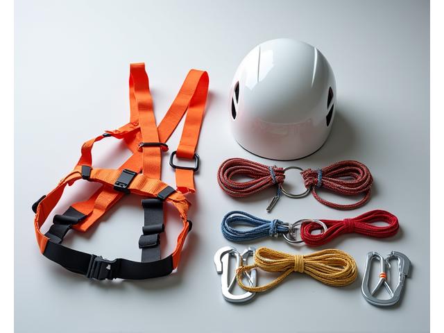 Climbing gear collection with harnesses, helmets, and ropes