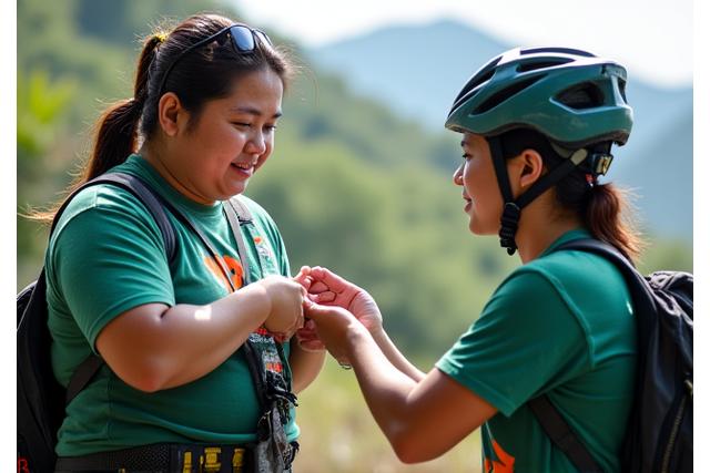 Adventure guide teaching a client how to properly use a climbing harness