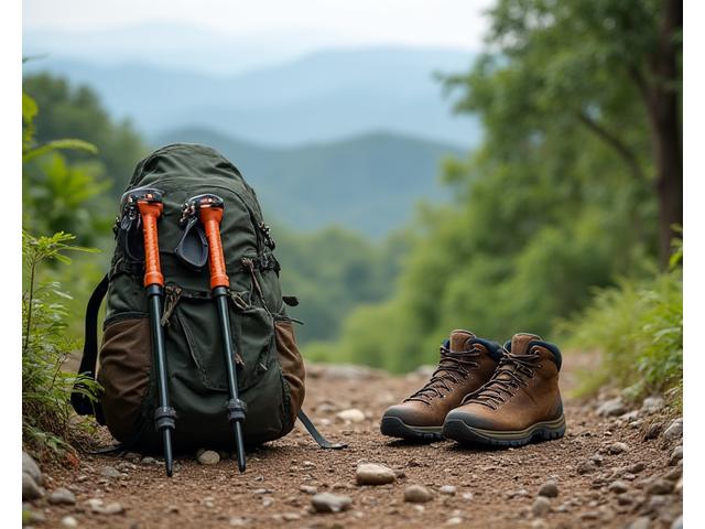 Backpack, hiking boots, and trekking poles on a mountain path