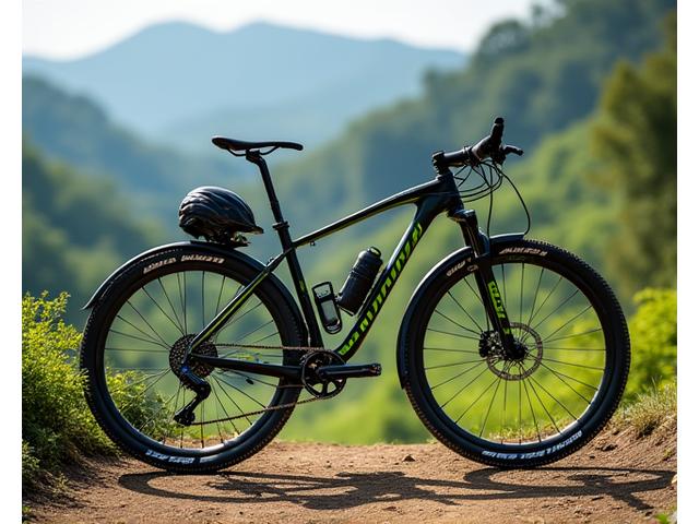 Mountain bike with a helmet and water bottle on a trail