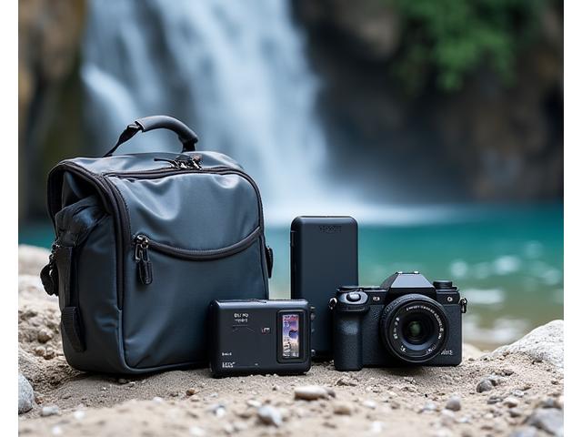 Waterproof camera bag and drone in a rugged outdoor setting