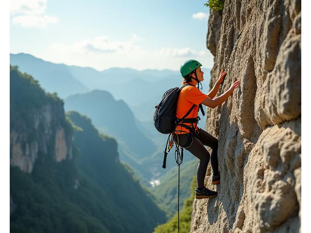 Rock climber on a cliff with full gear