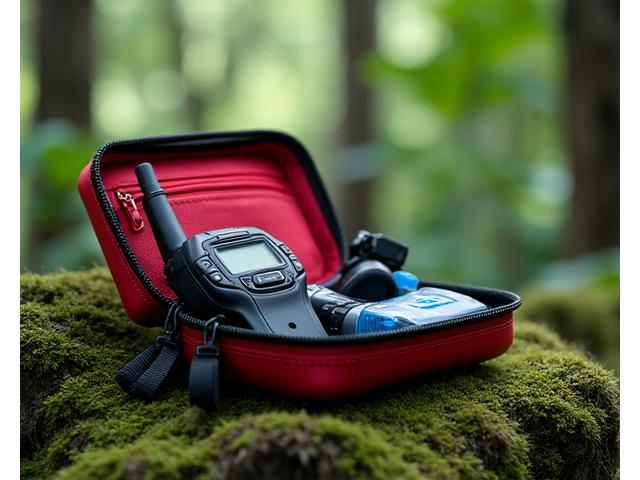 First aid kit and walkie-talkie on a rock