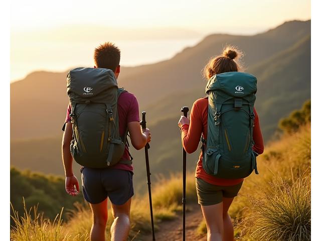 A couple trekking on a mountain trail with large backpacks