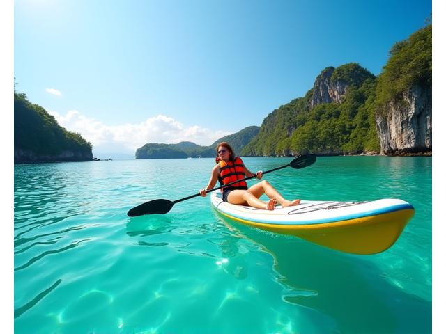 Person kayaking on calm, clear water with a life vest and paddle