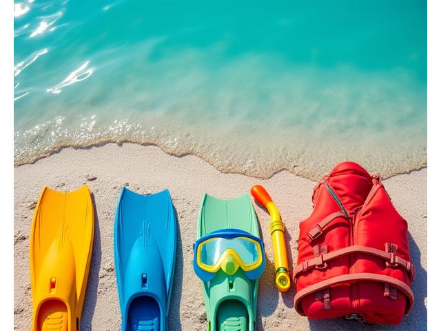 Snorkeling mask, fins, and a life vest by clear blue water