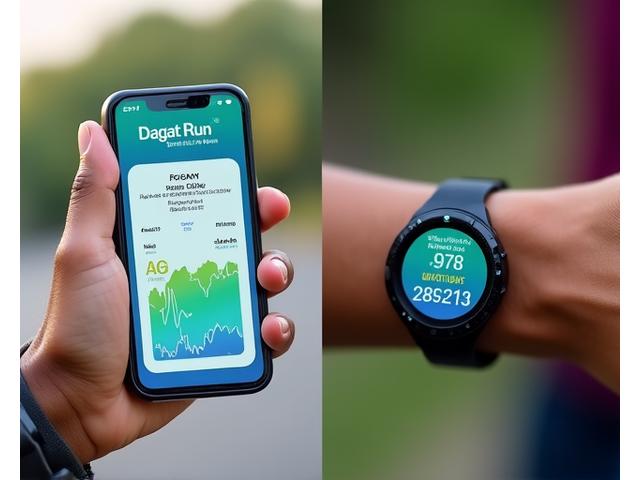 A smartphone displaying the Dagat Run training app interface alongside a fitness tracker on a wrist, showing real-time data.