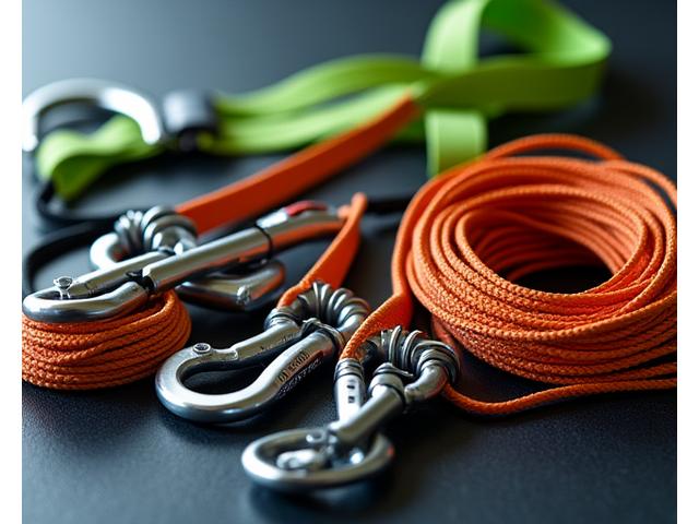 Professional rock climbing harness and ropes, demonstrating safety and quality.