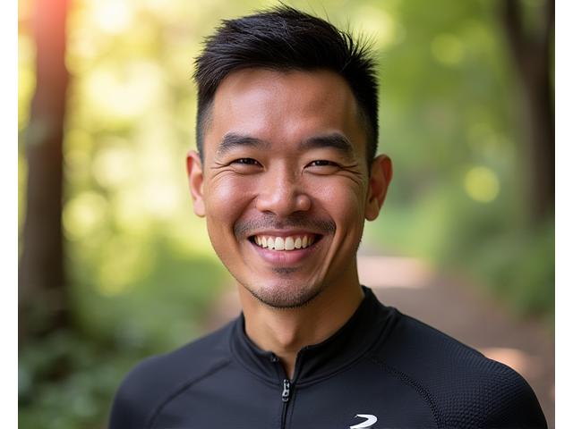 Coach David Tan, a passionate e-biking and trail running coach, with mountain gear.