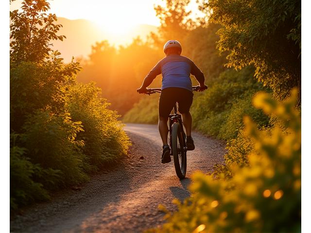 A cyclist enjoying an e-biking adventure on a scenic tropical trail, under the sun.