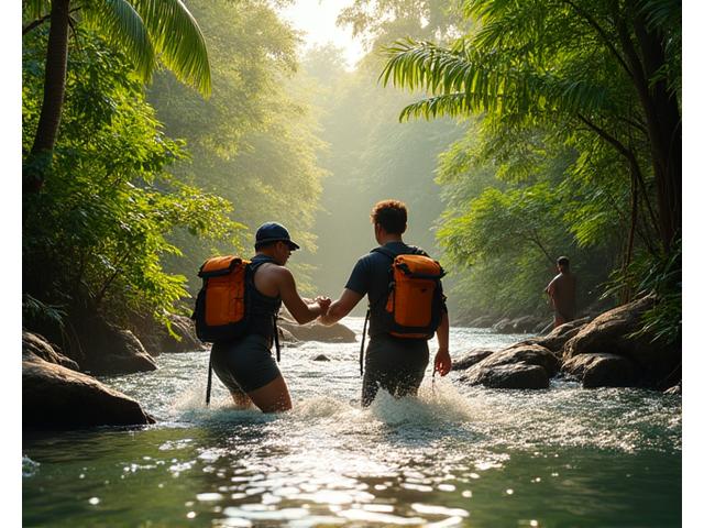 A diverse team navigating a river during a guided outdoor challenge in a tropical forest.