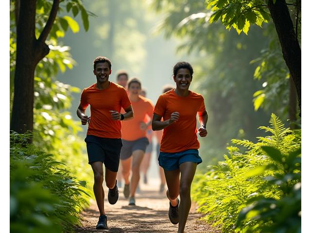 A group of athletes running through a lush green trail, emphasizing stamina and endurance workshops.