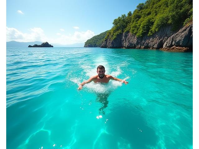 A person swimming in crystal clear open water, surrounded by lush coastal scenery, for wild swimming training.