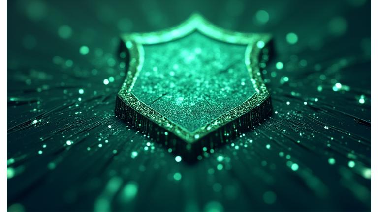Abstract representation of data security and privacy protection, with interlocking shields and flowing data streams in green and dark blue against a light background