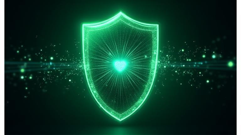 Visual representation of digital security, with a large, glowing shield protecting interconnected data points and lines, set against a dynamic, dark background with green and blue security indicators