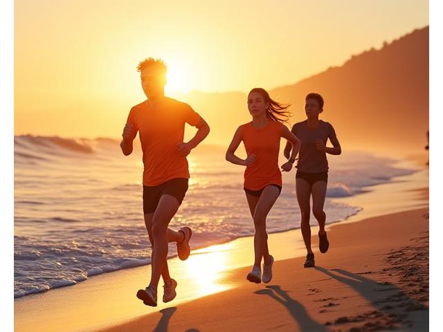 Athletes running on a sandy beach at sunrise in Cebu, Philippines.