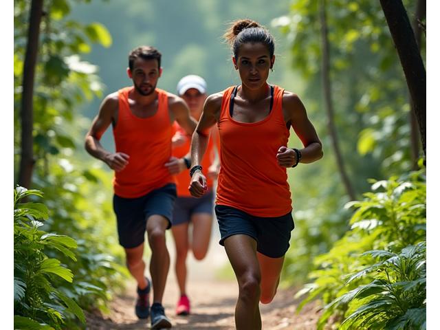 Group of athletes pushing through a challenging outdoor trail run in a tropical setting.