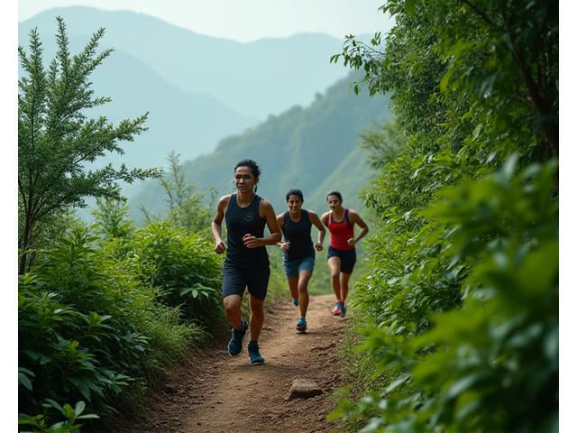 Group trail running through lush green mountains in Cebu, with a scenic view.