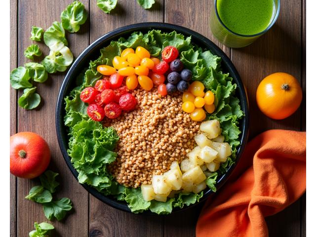 Healthy and energy-rich meal prepared for an athlete, with fresh fruits, nuts, and a protein source.